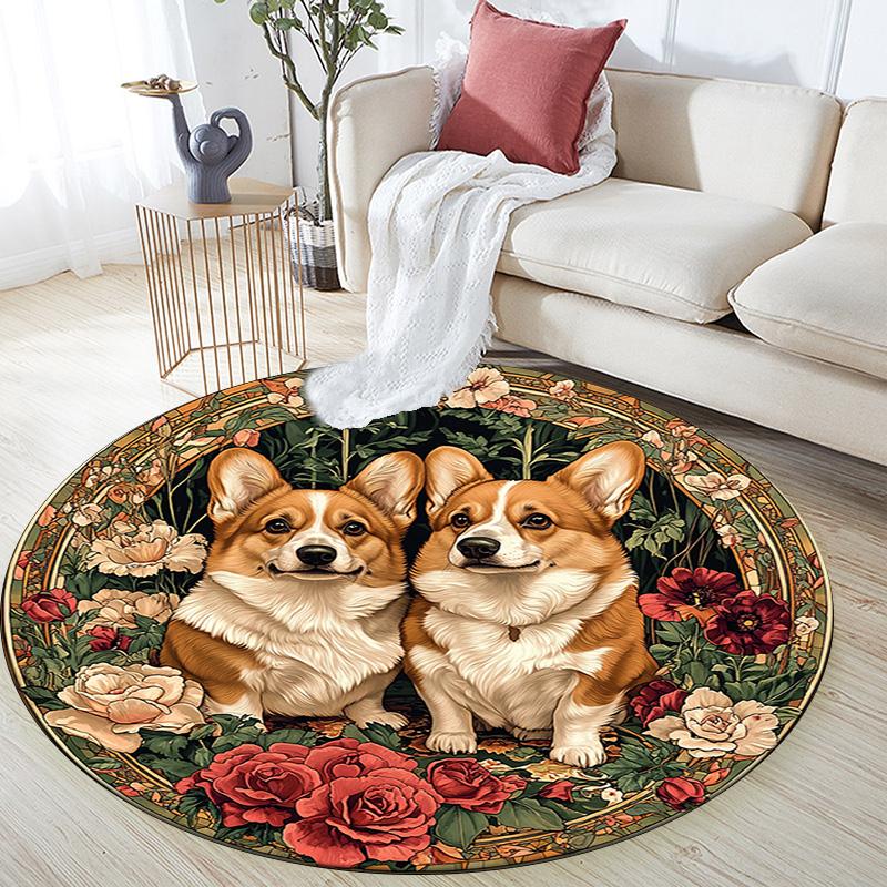 Corgis Round Area Rug,Carpet Rug for Living Room Bedroom Sofa Playroom Decor,Non-slip Floor Mat