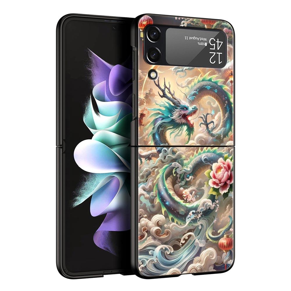 Chinoiserie Loong Flower Dragon Hard PC Phone Case For Samsung Galaxy Z Flip 7 6 5 4 Black Cover For Galaxy Z Flip 3 Foldable