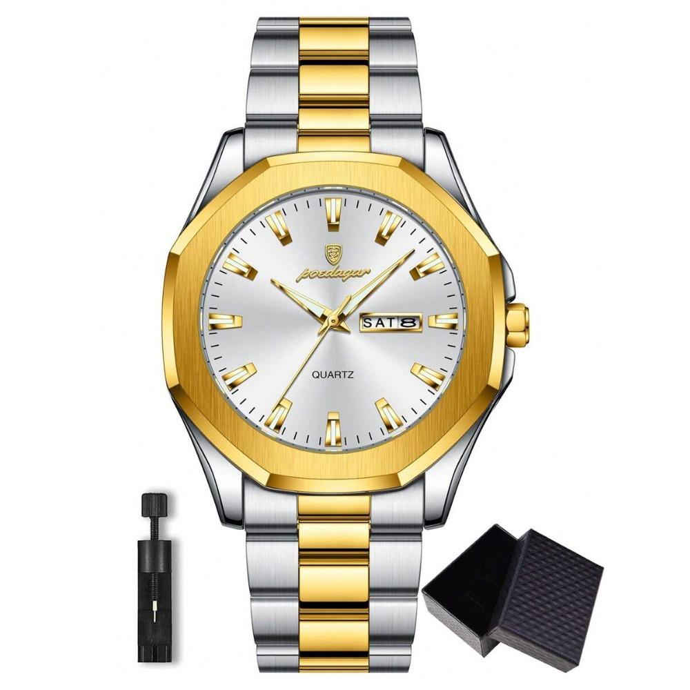 POEDAGAR 1pc Casual Men's Stainless Steel Quartz Wristwatch, Dual Date Display, Business Waterproof Luminous Wristwatch, Men's Gift