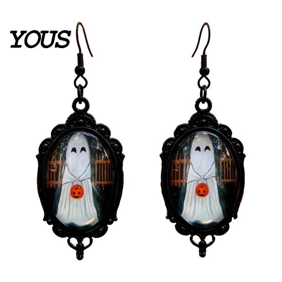 Dark Academia Accessories Gothic Ghost Earrings, Vintage Style Matte Black Alloy Dangle Halloween Earrings for Women Decorative Jewelry Daily