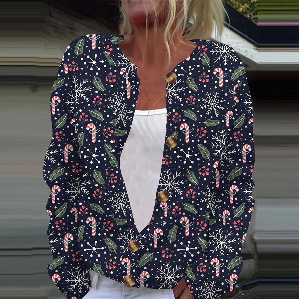 Chaqueta de punto tipo cárdigan de manga larga con estampado navideño a la moda para mujer