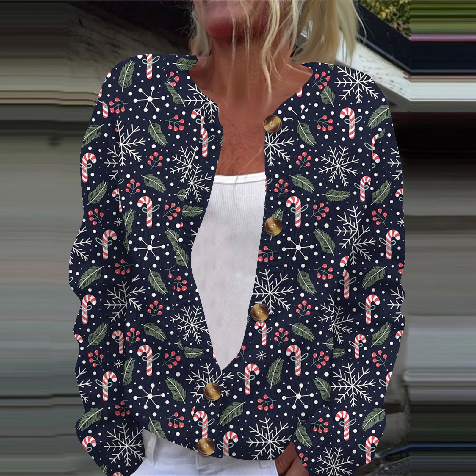 

Женская мода рождественский принт длинный рукав вязаный кардиган пуховик XXXXXL тёмно-синий