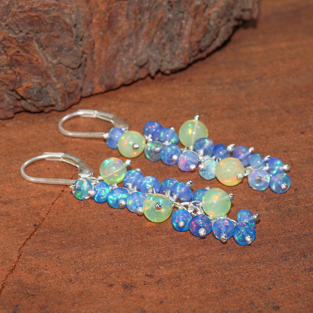 Blue & Yellow Opal Cluster Earrings: Sterling Silver / Gold Filled