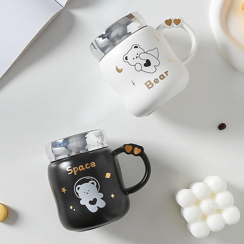 Par Keramisk Kopp med Lokk Speilkopp Søt Bjørn Krus Jente Stor Kapasitet Vannkopp Studentkopp