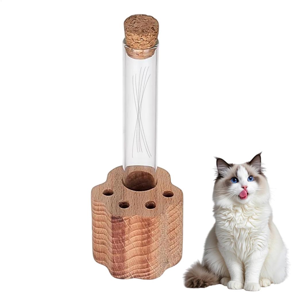 Cat Whisker Holder Glass Memory Box with Wooden Base Claw-shaped Wooden Base Cat Whisker Collection Jar for Cat Supplies
