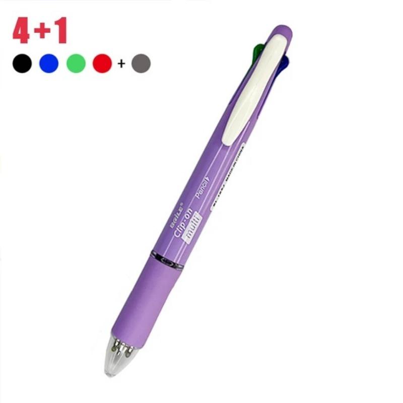 1Pc  4-color Ballpoint Pen + Pencil, Press Multi-color Ballpoint Pen 5 In 1 Multi-function Writing Pen Office Supply