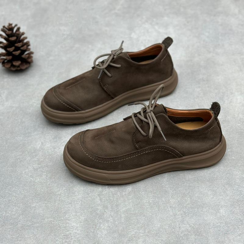Genuine Leather Men's Shoes Spring and Summer Retro Original Round-toe Casual Flat Low-top Lace-up Cowhide Shoes