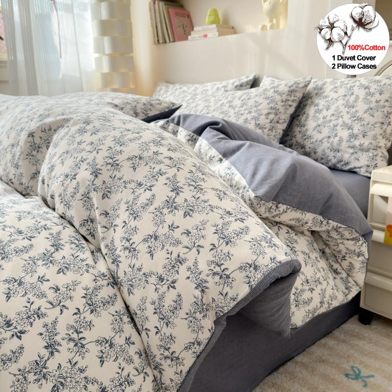 Luxurious 100% Cotton Floral Bedding Set Duvet Cover Set - Ultra Soft Breathable, 1 Duvet Cover 2 Pillowcases,Single/Double/King