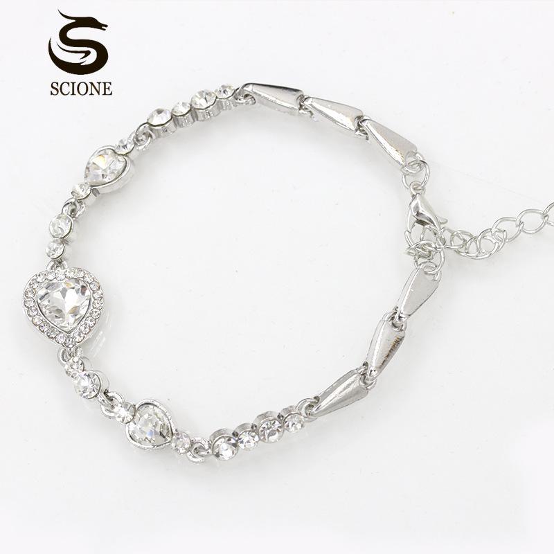 SCIONE Women Jewelry Fashion Ocean Blue Bangle Bracelet Rhinestone Love Heart Austrian Crystal