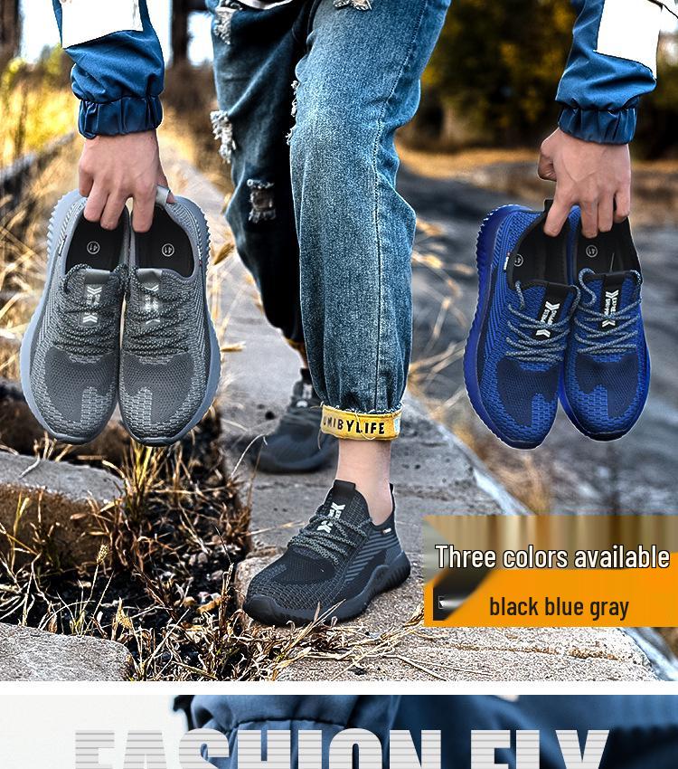 Pánská prodyšná pracovní obuv Flyknit s ocelovou špičkou - Měkká podrážka, ochranná obuv proti nárazu pro letní stavebnictví