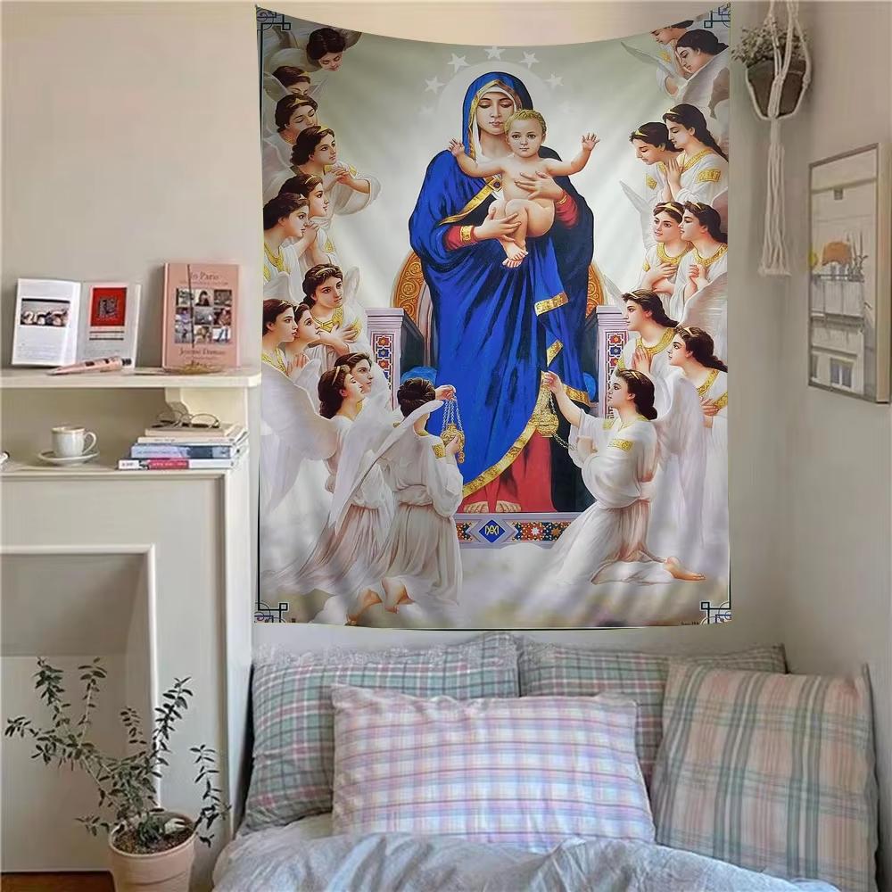 VIKAMA Scandinavian Icon Tapestry Virgin Mary Hand Painted Halo Clouds Starburst Church Meditation Room Bedroom Religious Art