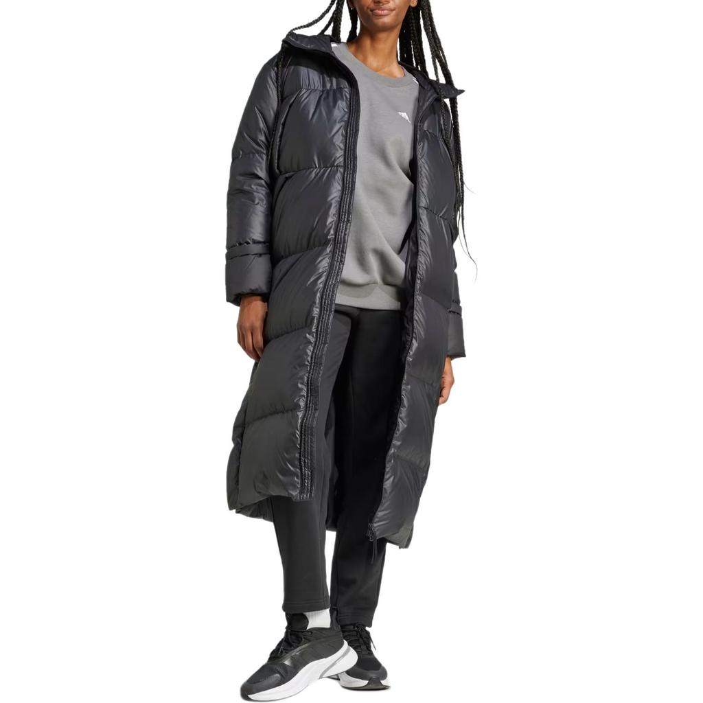 Adidas Solid Color Hooded Zipper Mid-Length Long Sleeve Down Jacket Women Outerwear Black IV9770