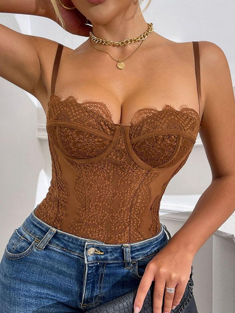 European & American Lace Patchwork See-through Slim Fit Bodysuit