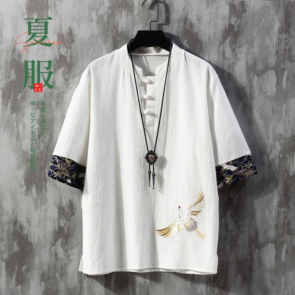 Warmcool Summer Linen Short Japanese Plus Sizes Loose Solid Top Men's T-Shirt, Sleeve, Cotton-Linen, Style, Embroidered, Cooling, 3/4 Sleeve,