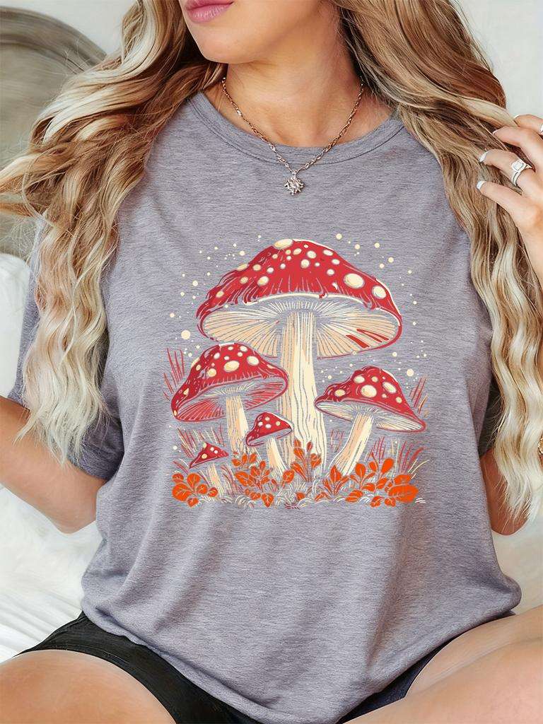 Red Mushroom Personality Prints TShirts Women Summer Short Sleeve Tops ONeck Soft T Shirt Basics Comfortable Womans Clothes