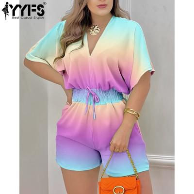 Damen Mode Lässig Sommer Frühling Farbblock Druck Kurzarm V-Ausschnitt Hohe Taille Hosen Overalls & Jumpsuits