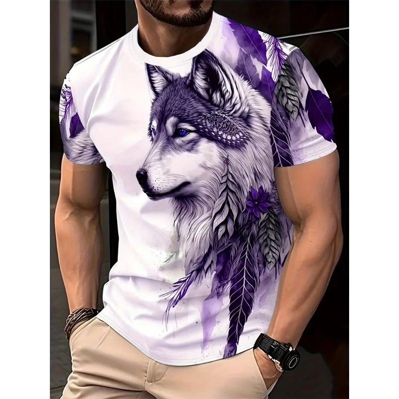 Men's 3D Printed T-shirt Casual Round Neck Lightweight Summer Trend Fashionable Versatile Wolf Pattern T-shirt