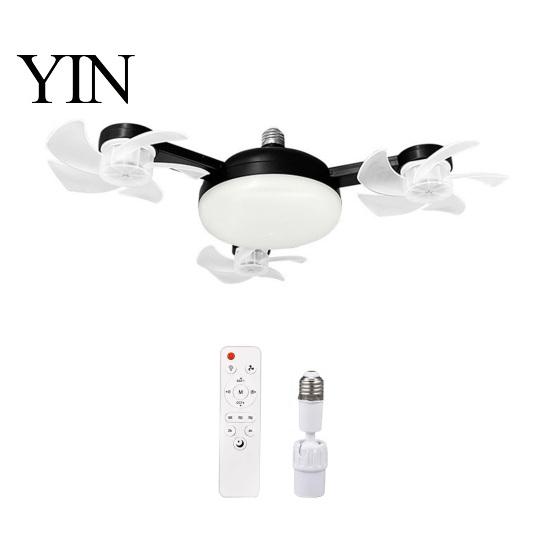 E27 Socket Fan 3/4/5 Blade Ceiling with Light & Remote Control, 2-in-1 Silent LED Drone Compact Ventilation Lamp Foldable Blades, 3-Speed Dimmable for
