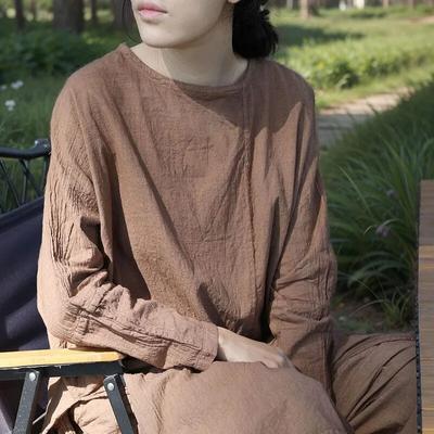 Johnature Dámská vintage nepravidelná trička, jarní trička, jednobarevná, s dlouhým rukávem a výstřihem do O, látková skládací trička