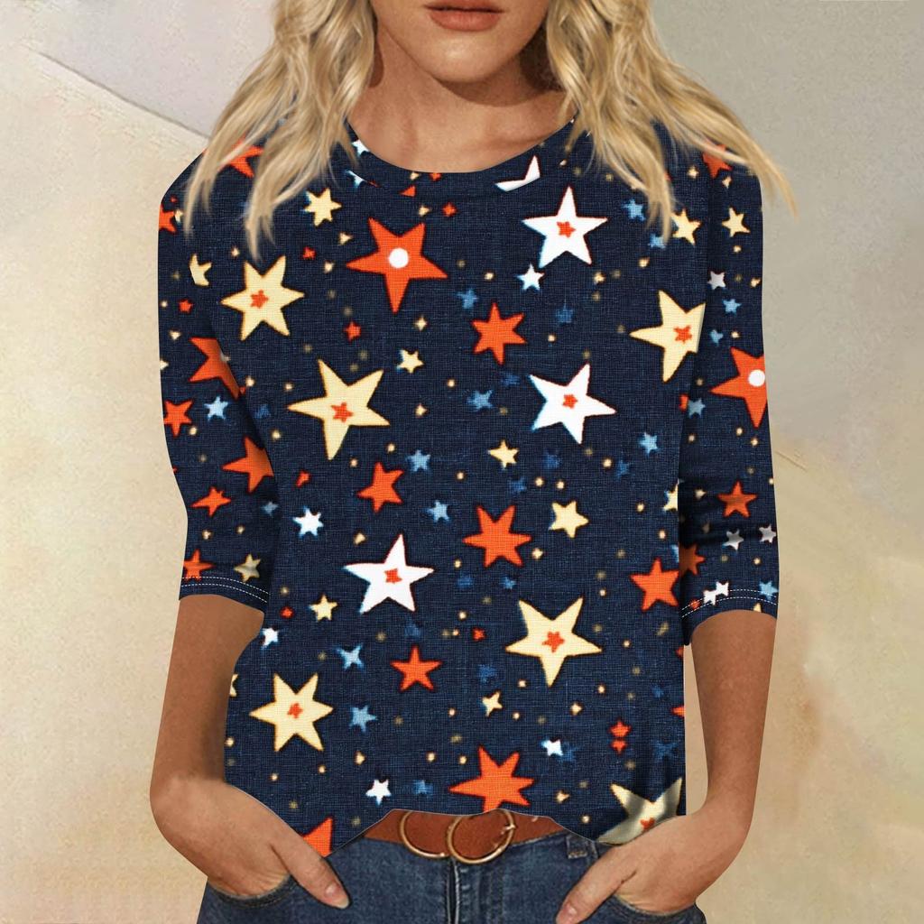Dames Mode Casual Zeven Mouwen Onafhankelijkheidsdag Bedrukt Rond Hals T-shirt Top