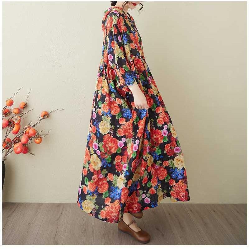 Ladies' Retro Niche Cloud Brocade Yarn Cotton Linen Hooded Printed Dress