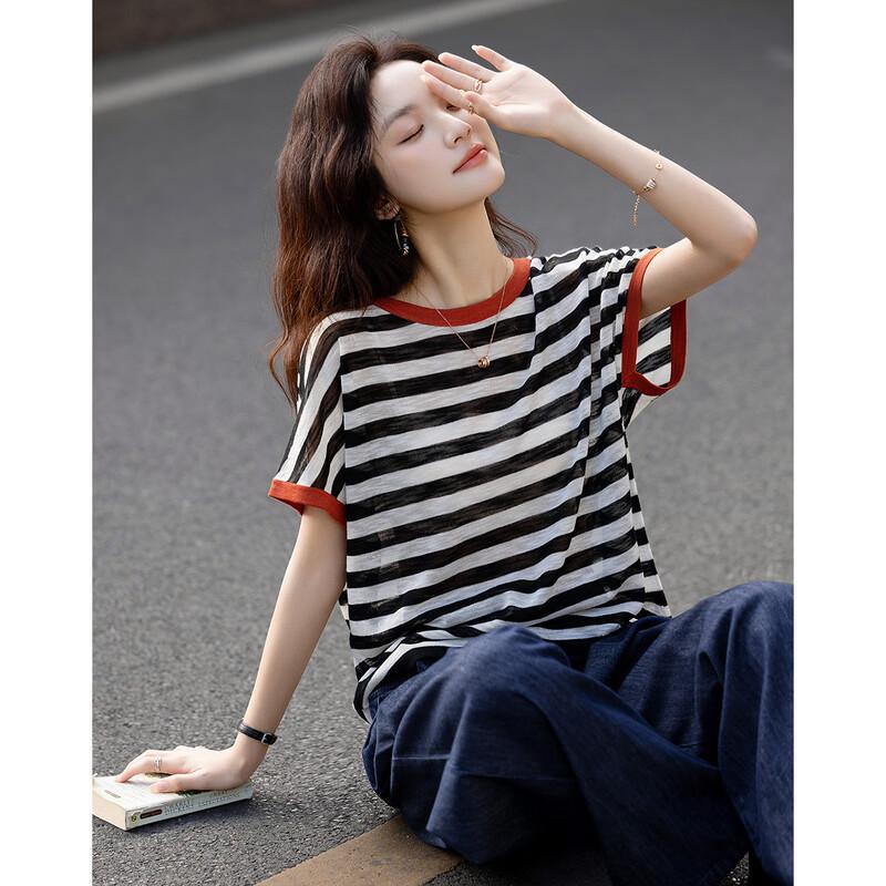 Demana Women s Color-Block Striped Bamboo-Linen Blend Knit Top S