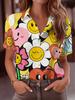 Women's Short Sleeve Button Up Shirt Smiling Flower Heart Print Full Body Cartoon Patterns Machine Washable Casual Office Spring