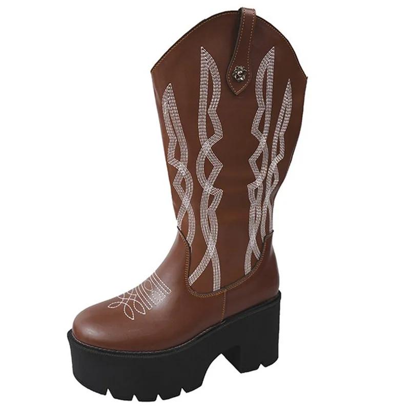 

SyfIyno Женские новые вышитые ботинки с круглым носком, рыцарские ботинки, водонепроницаемая платформа на толстой подошве, ботинки на высоком каблуке, большой размер 36-43 36 коричневый