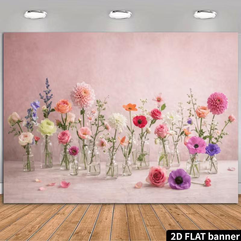 2D Pastel Flower In Glass Vases Backdrop with Pink Background Cloth