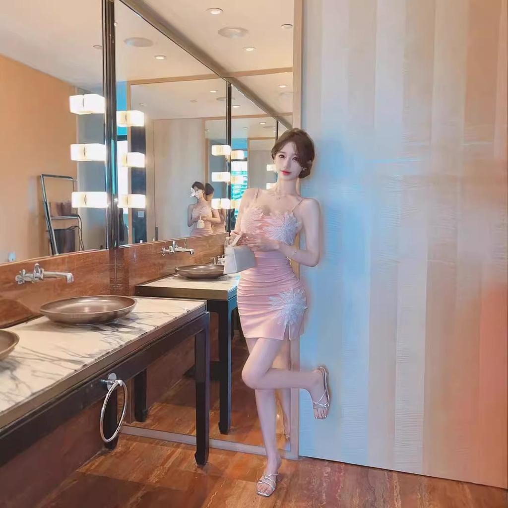 Sexy lace splicing hip wrap cotton high elastic tight bottom suspender dress fashionable slim backless short skirt women
