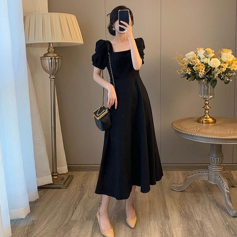 Black dress women's short-sleeved gram new temperament waist and thin square neck knee long dress small black dress