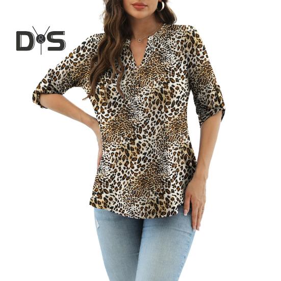 Women Shirt V-neck 3/4 Roll-Up Sleeves Lightweight Tops Flower Print Flowy Hem Tunic Tops Daily Wear