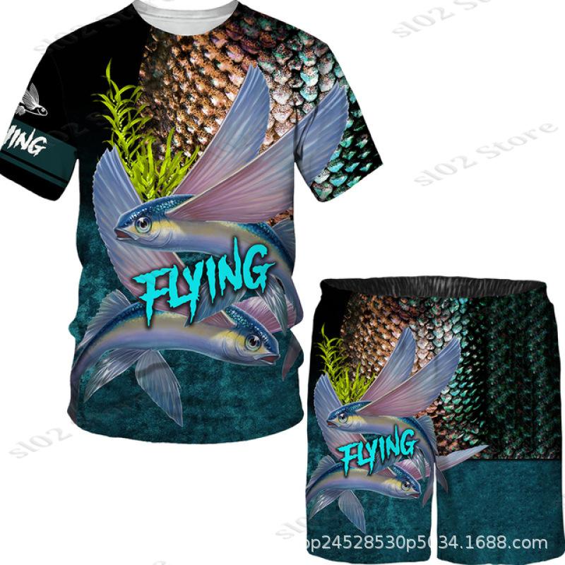New Men's Short Sleeve Shorts Set Fashion 3D Digital Fish Printing Men's Beach Casual Set
