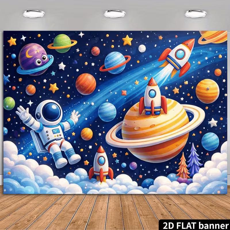 2D Galaxy Space Explorer Toddler Baby Shower Photography Backdrop Decor