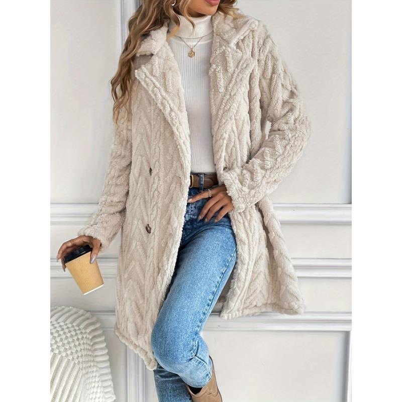 Women Double Sided Fleece Double Breasted Pockets Mid Long Casual Cardigan Coat