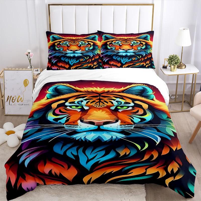 3pcs Tiger Print Bedding Set - 1 Duvet Cover + 2 Pillowcases(Core Not Included), Machine Washable Polyester Yy251216151