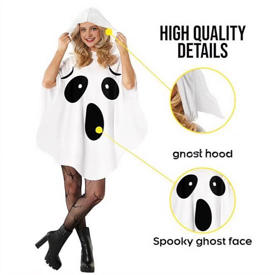 Women Ghost Costume for Adult Halloween Ghost Poncho Cloak White Ghost Hooded Cape Cosplay Party Outfit