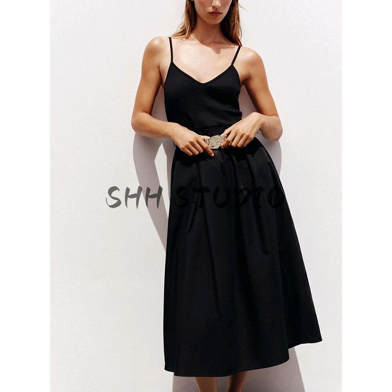 Summer New Women Clothes Sexy Style V-neck Sleeveless With Belt Patchwork Sling Midi Dress 1165065