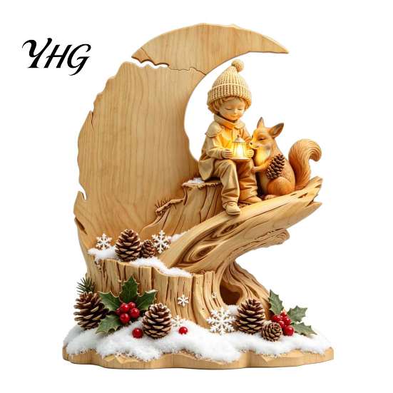 Vintage Home Accents Fairy Tale Little Boy and Fox Wooden Figurine, Rustic Desktop Statue, Artistic Carved Christmas Gift Ideas Sculpture Ornament for