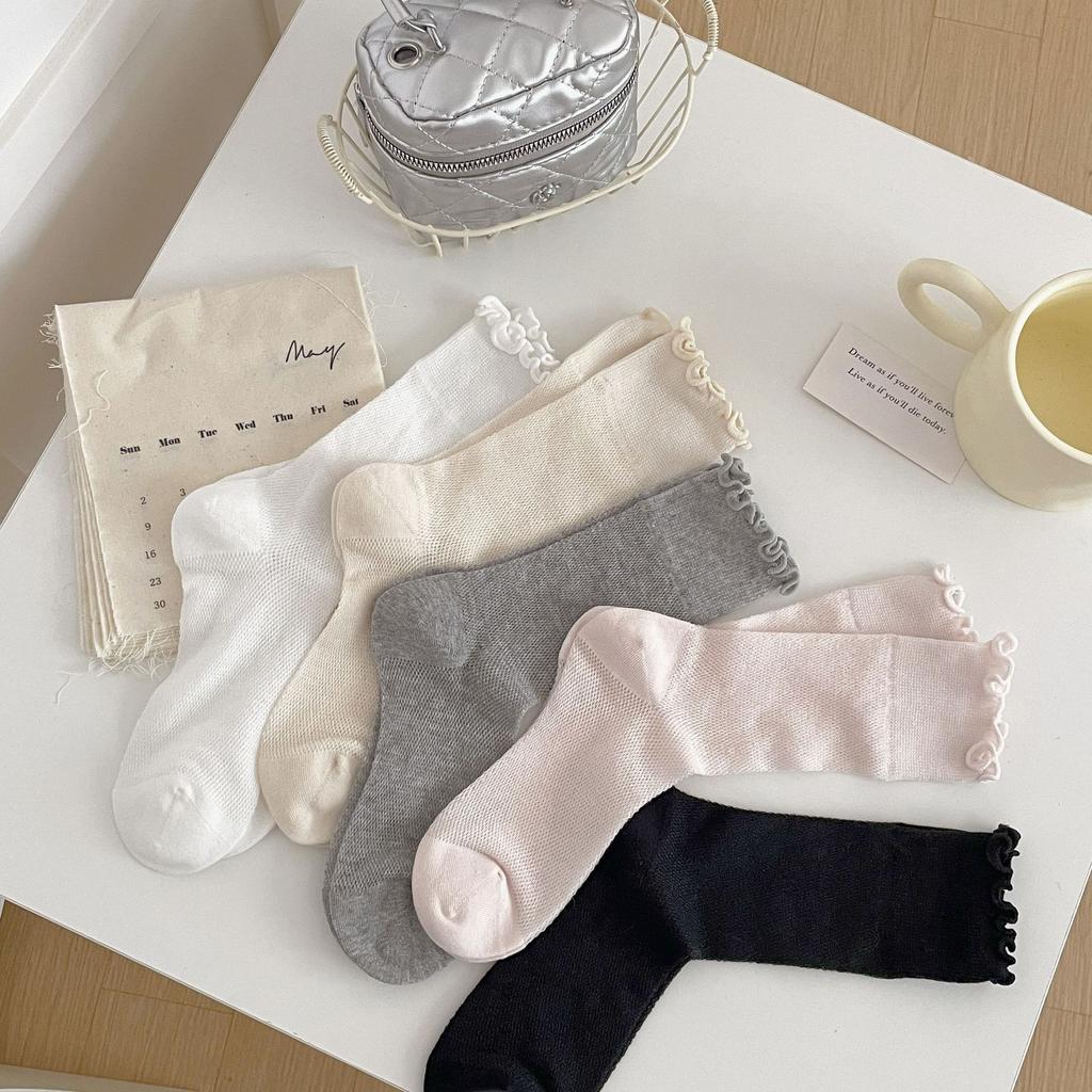 Solid Color Piled Socks With Fungus Edge, Versatile, Simple And Comfortable Mid-Leg Socks, Breathable And Thin Summer Stockings