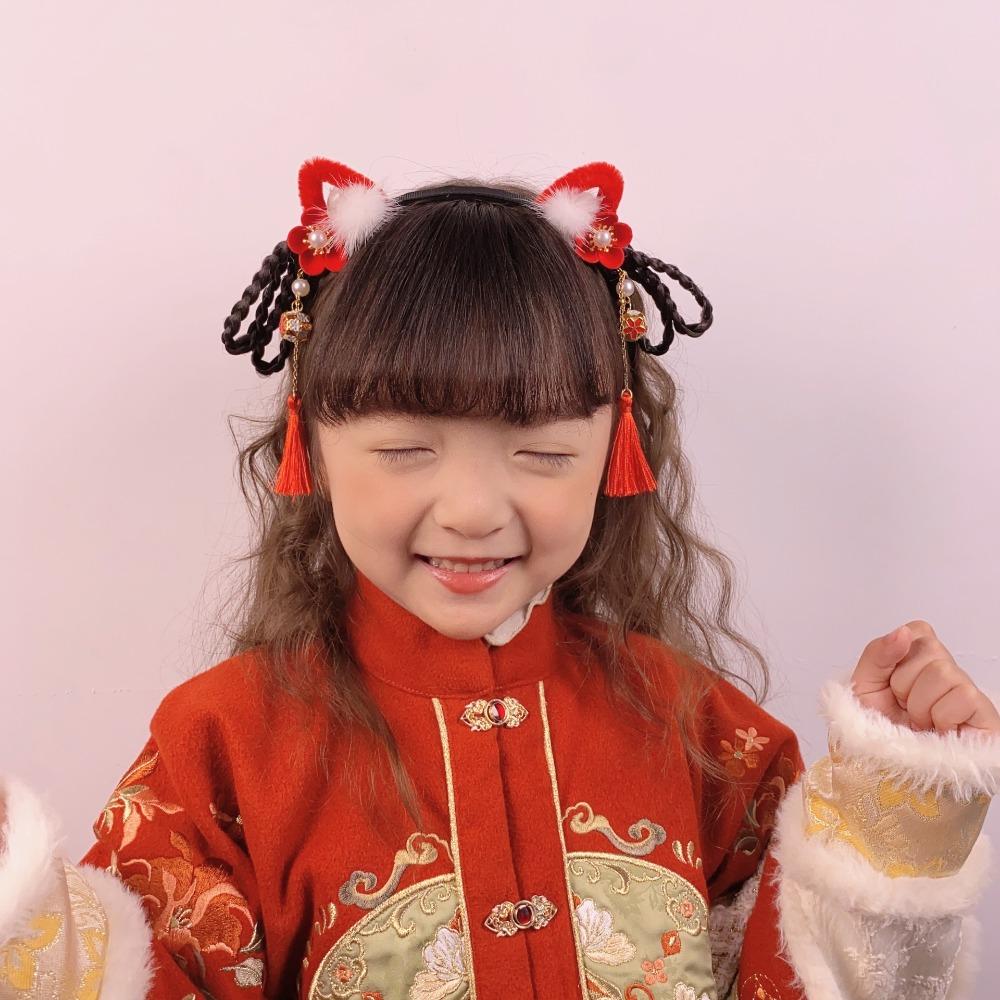 LED Glowing Hanfu Wig Headband Red Chinese Style Hair Hoop Retro Flower Tassel Hairband Tang Suit