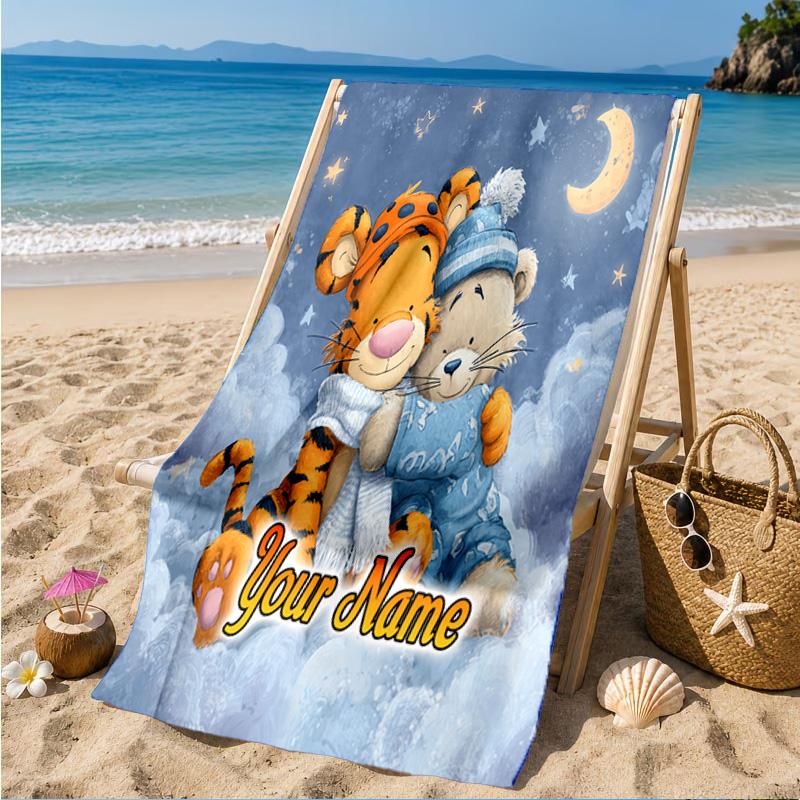 Custom Name Nightly Tiger Hugs Pooh Beach Towel Microfiber Beach Towel, Lightweight and Quick-Dry, for Summer Travel, Swimming Pool Gift