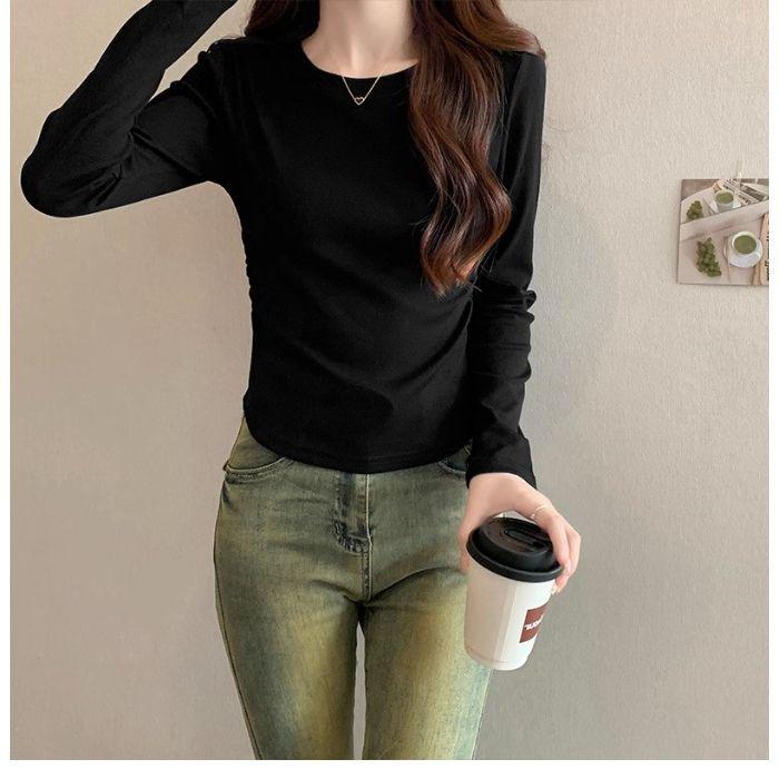 Women s 2026 Pleated Long Sleeve Curved Hem Cotton Top M
