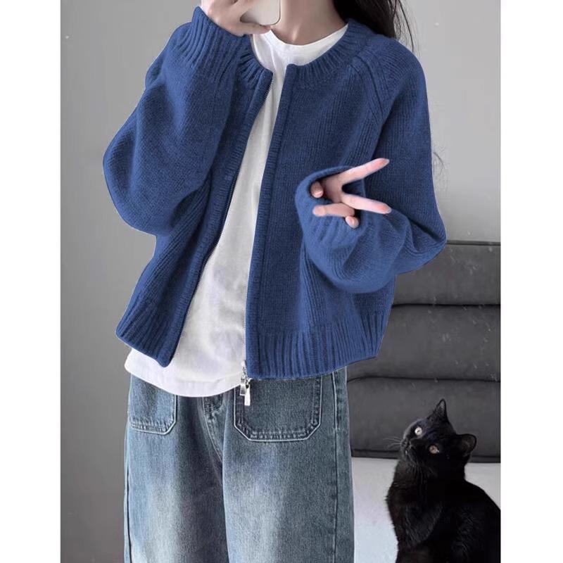 

Blue Women s Knitted Cardigan Sweater Coat - Soft Retro National Tide Autumn Zip-Up Commuter Top One Size Fits 40-72 kg
