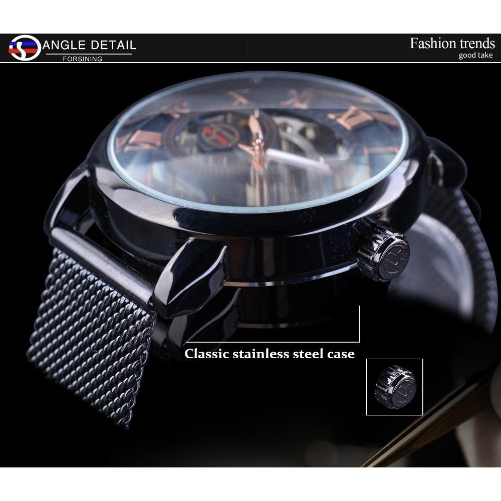 Forsining Watch Men's Fashion Casual Roman Digital Mesh with Hollow Automatic Mechanical Watch GMT1040-8-A
