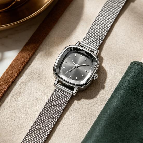 Unisex Quarzuhr Minimalistische Quadratische Zifferblattuhr Retro Mesh-Armband Armbanduhr für Männer Frauen Arbeit Schule