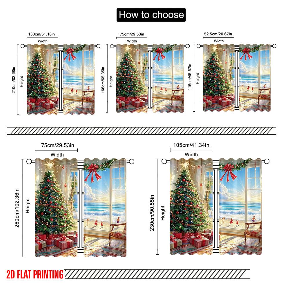 2pcs 2D flat printing Merry Christmas Curtain Christmas Tree Beach Durable 100% Polyester Fabric Without Electricity Family
