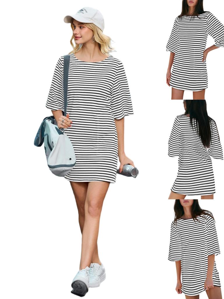 Women's Cotton Striped Mini Dress 3/4 Sleeve Loose Fit with Side Pockets