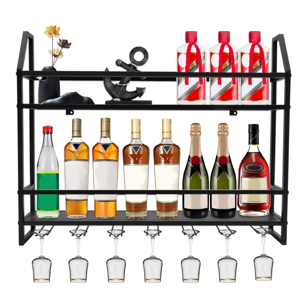 Wall Mounted Wine Rack – Industrial Style 2-Tier Storage Organizer for Bottles & Goblets