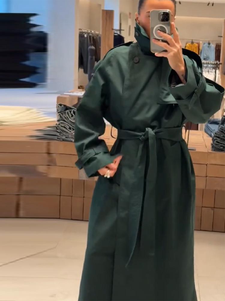 Gabardina Larga Otoño 2025 Estilo Coreano con Solapas Europeas y Americanas y Cinturón a la Cintura - Ropa de Abrigo Versátil para Mujer